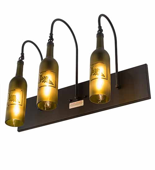 Meyda Lighting Tuscan Vineyard 24" 3-Light Textured Black Wall Sconce With Green & Black Etched Grapes Wine Bottle Shade Glass