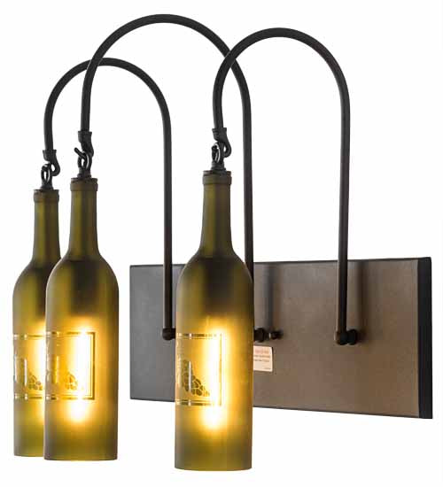 Meyda Lighting Tuscan Vineyard 24" 3-Light Textured Black Wall Sconce With Green & Black Etched Grapes Wine Bottle Shade Glass