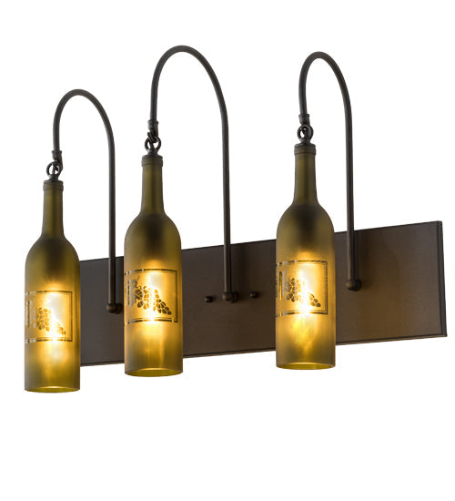 Meyda Lighting Tuscan Vineyard 24" 3-Light Textured Black Wall Sconce With Green & Black Etched Grapes Wine Bottle Shade Glass