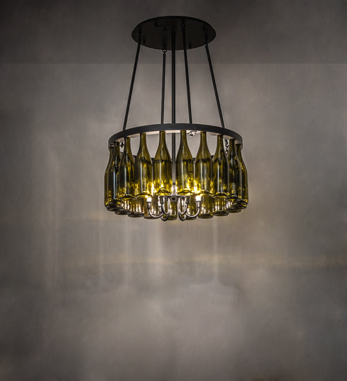 Meyda Lighting Tuscan Vineyard 26" 6-Light Textured Black Chandelier With 20 Green Wine Bottle Shade Glass