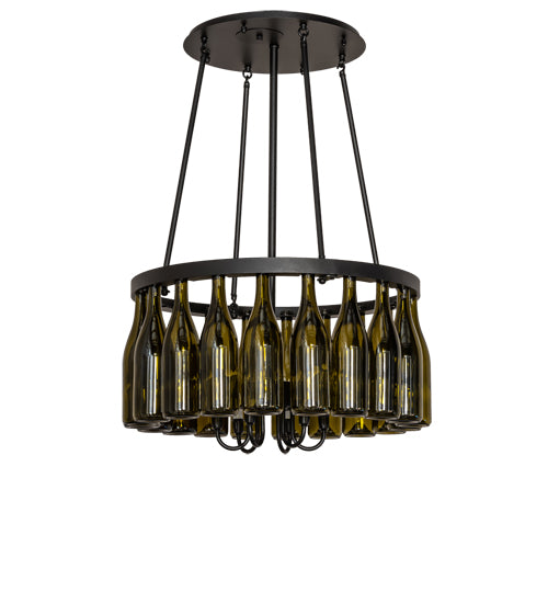 Meyda Lighting Tuscan Vineyard 26" 6-Light Textured Black Chandelier With 20 Green Wine Bottle Shade Glass