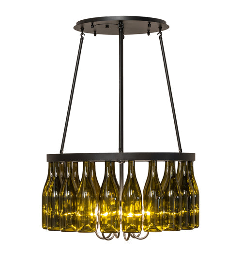Meyda Lighting Tuscan Vineyard 26" 6-Light Textured Black Chandelier With 20 Green Wine Bottle Shade Glass