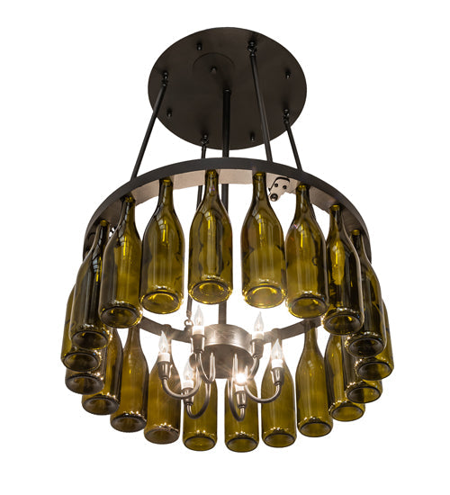 Meyda Lighting Tuscan Vineyard 26" 6-Light Textured Black Chandelier With 20 Green Wine Bottle Shade Glass
