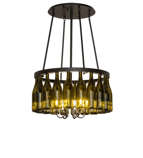 Meyda Lighting Tuscan Vineyard 26" 6-Light Textured Black Chandelier With 20 Green Wine Bottle Shade Glass