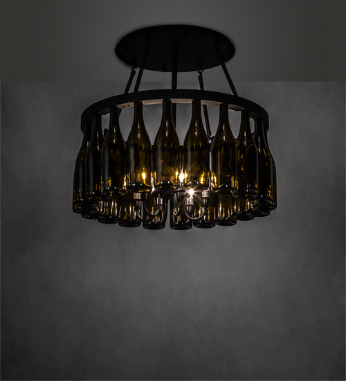 Meyda Lighting Tuscan Vineyard 26" 6-Light Textured Black Semi-flush Mount Light With 20 Green Wine Bottle Shade Glass