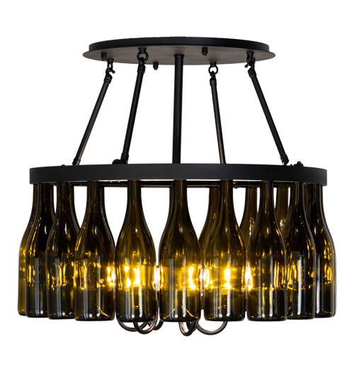 Meyda Lighting Tuscan Vineyard 26" 6-Light Textured Black Semi-flush Mount Light With 20 Green Wine Bottle Shade Glass