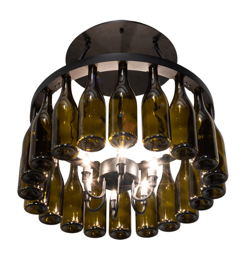 Meyda Lighting Tuscan Vineyard 26" 6-Light Textured Black Semi-flush Mount Light With 20 Green Wine Bottle Shade Glass