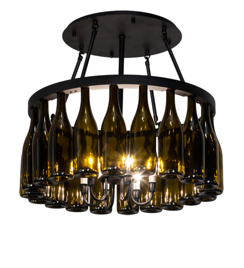 Meyda Lighting Tuscan Vineyard 26" 6-Light Textured Black Semi-flush Mount Light With 20 Green Wine Bottle Shade Glass