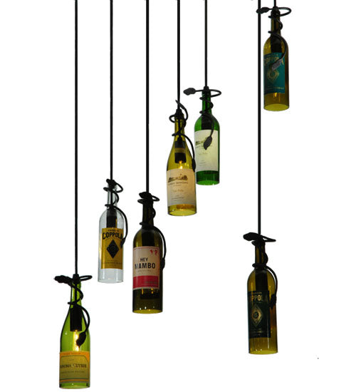 Meyda Lighting Tuscan Vineyard 30" 7-Light Pewter Personalized Cascading Pendant Light With Multi-Colored Wine Bottle Shade Glass
