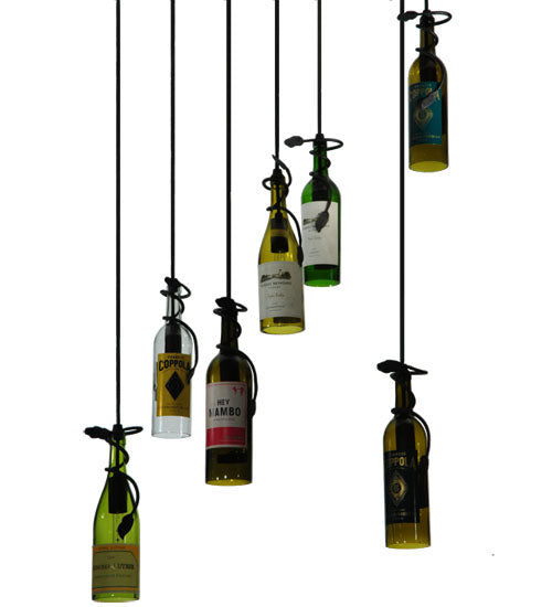 Meyda Lighting Tuscan Vineyard 30" 7-Light Pewter Personalized Cascading Pendant Light With Multi-Colored Wine Bottle Shade Glass