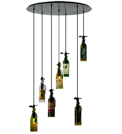 Meyda Lighting Tuscan Vineyard 30" 7-Light Pewter Personalized Cascading Pendant Light With Multi-Colored Wine Bottle Shade Glass