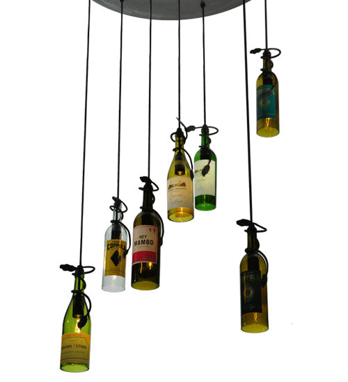 Meyda Lighting Tuscan Vineyard 30" 7-Light Pewter Personalized Cascading Pendant Light With Multi-Colored Wine Bottle Shade Glass