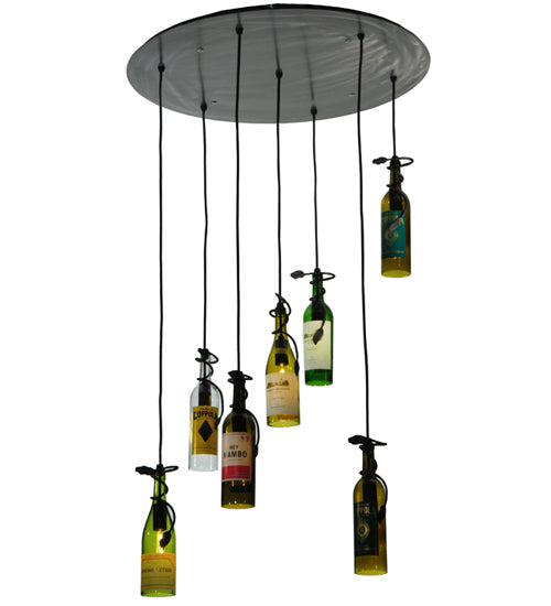 Meyda Lighting Tuscan Vineyard 30" 7-Light Pewter Personalized Cascading Pendant Light With Multi-Colored Wine Bottle Shade Glass