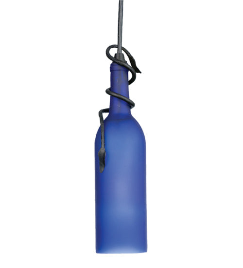 Meyda Lighting Tuscan Vineyard 32706 5" Textured Black Mini Pendant Light With Frosted Blue Wine Bottle Shade Glass