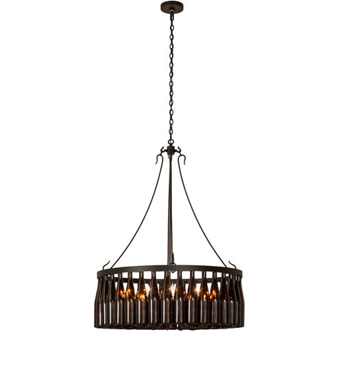 Meyda Lighting Tuscan Vineyard 36" 12-Light Textured Black Chandelier With 24 Amber Wine Bottle Shade Glass