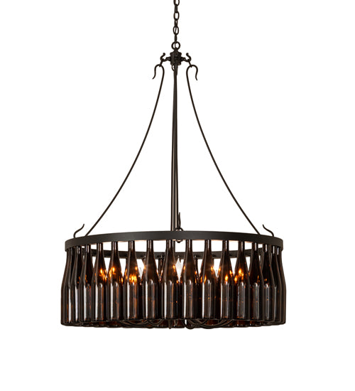 Meyda Lighting Tuscan Vineyard 36" 12-Light Textured Black Chandelier With 24 Amber Wine Bottle Shade Glass