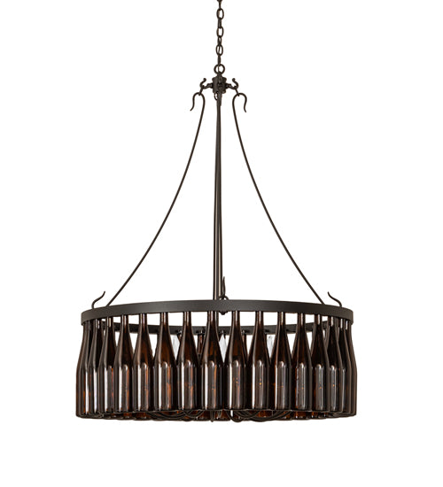 Meyda Lighting Tuscan Vineyard 36" 12-Light Textured Black Chandelier With 24 Amber Wine Bottle Shade Glass