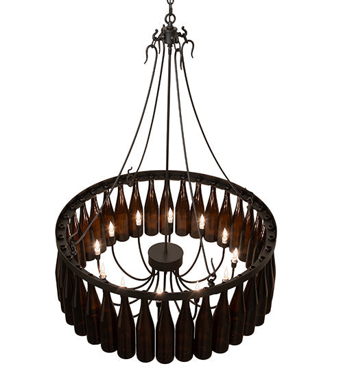 Meyda Lighting Tuscan Vineyard 36" 12-Light Textured Black Chandelier With 24 Amber Wine Bottle Shade Glass