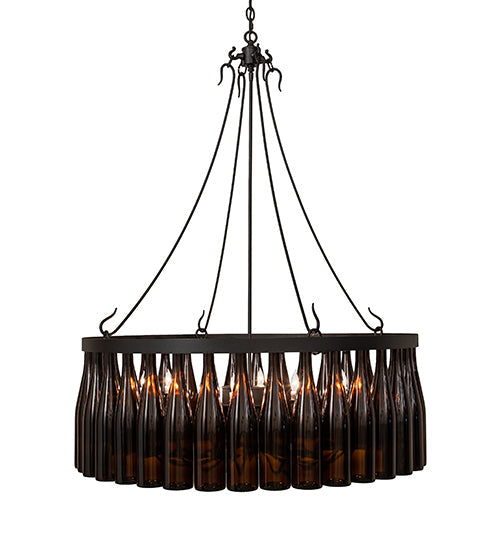 Meyda Lighting Tuscan Vineyard 36" 12-Light Textured Black Chandelier With 24 Amber Wine Bottle Shade Glass