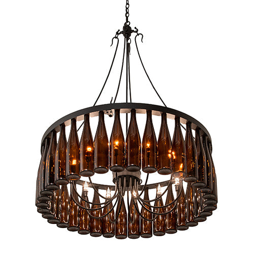 Meyda Lighting Tuscan Vineyard 36" 12-Light Textured Black Chandelier With 24 Amber Wine Bottle Shade Glass