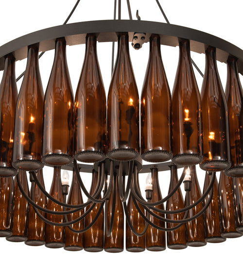 Meyda Lighting Tuscan Vineyard 36" 12-Light Textured Black Chandelier With 24 Amber Wine Bottle Shade Glass