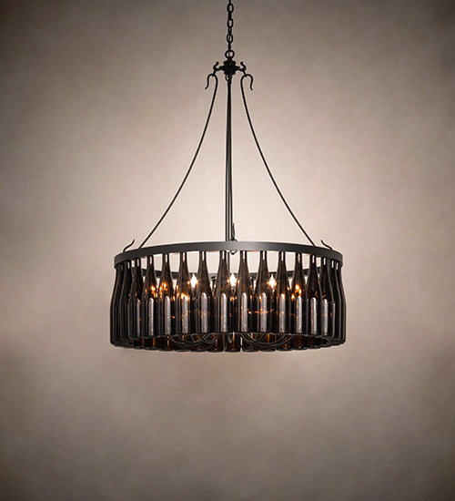 Meyda Lighting Tuscan Vineyard 36" 12-Light Textured Black Chandelier With 24 Amber Wine Bottle Shade Glass