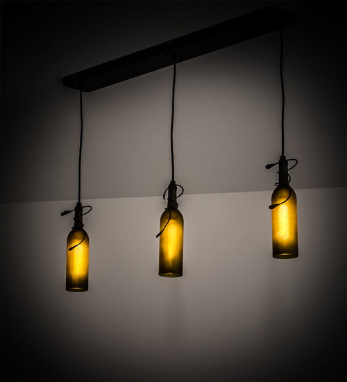 Meyda Lighting Tuscan Vineyard 36" 3-Light Textured Black Island Pendant Light With Green Wine Bottle Island Shade Glass