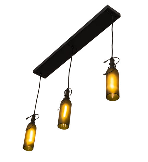 Meyda Lighting Tuscan Vineyard 36" 3-Light Textured Black Island Pendant Light With Green Wine Bottle Island Shade Glass