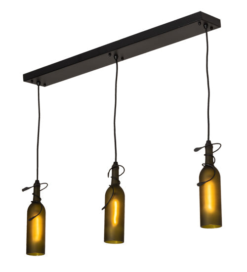 Meyda Lighting Tuscan Vineyard 36" 3-Light Textured Black Island Pendant Light With Green Wine Bottle Island Shade Glass