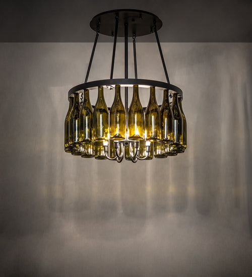 Meyda Lighting Tuscan Vineyard 36" 6-Light Textured Black Semi-flush Mount Light With 20 Green Wine Bottle Shade Glass
