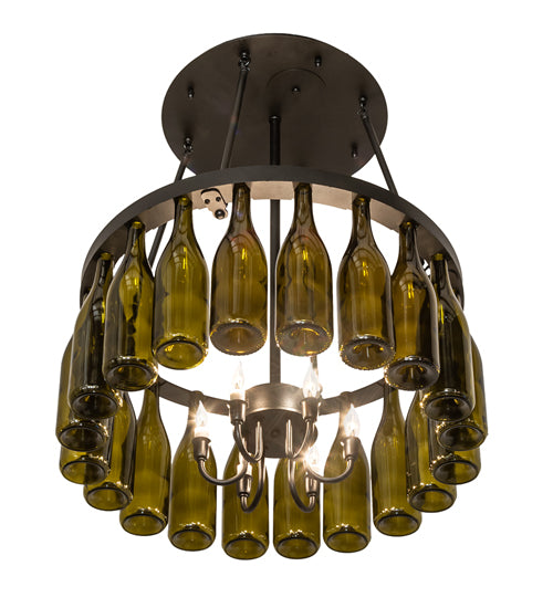 Meyda Lighting Tuscan Vineyard 36" 6-Light Textured Black Semi-flush Mount Light With 20 Green Wine Bottle Shade Glass