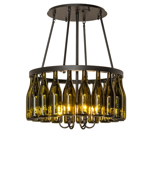 Meyda Lighting Tuscan Vineyard 36" 6-Light Textured Black Semi-flush Mount Light With 20 Green Wine Bottle Shade Glass