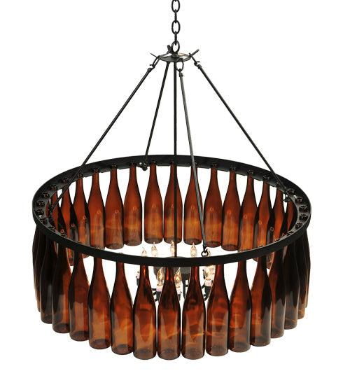 Meyda Lighting Tuscan Vineyard 37" 12-Light Textured Black Estate Chandelier With Amber Wine Bottle Shade Glass