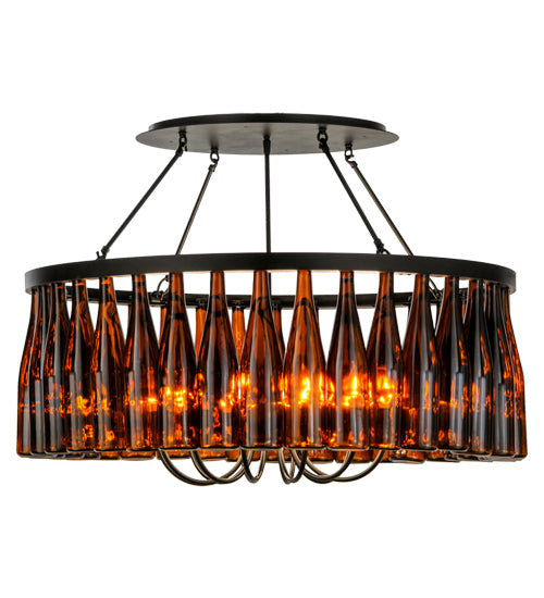 Meyda Lighting Tuscan Vineyard 38" 12-Light Textured Black Chandelier With 36 Amber Wine Bottle Shade Glass
