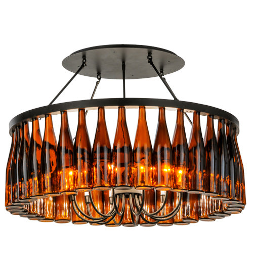 Meyda Lighting Tuscan Vineyard 38" 12-Light Textured Black Chandelier With 36 Amber Wine Bottle Shade Glass