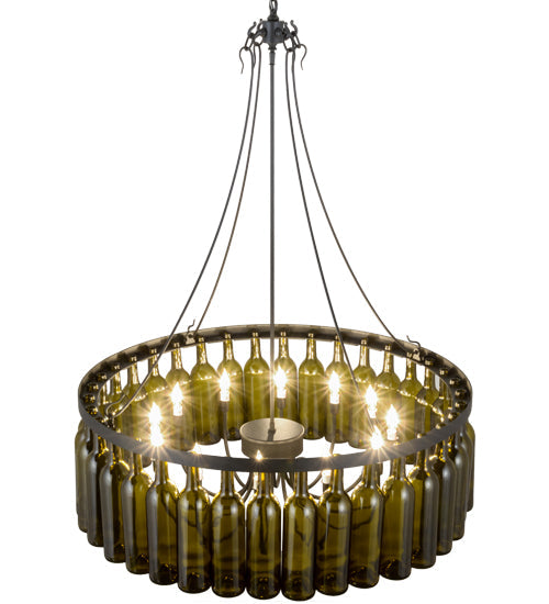 Meyda Lighting Tuscan Vineyard 38" 12-Light Textured Black Estate Chandelier With Green Wine Bottle Shade Glass