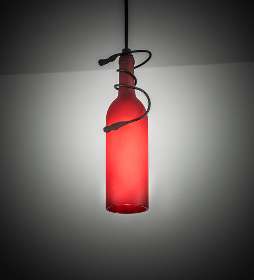 Meyda Lighting Tuscan Vineyard 4" Black Mini Pendant Light With Frosted Red Wine Bottle Shade Glass