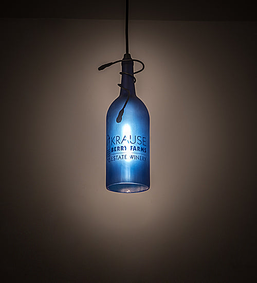 Meyda Lighting Tuscan Vineyard 4" Black Personalized Mini Pendant Light With Blue Wine Bottle Shade Glass