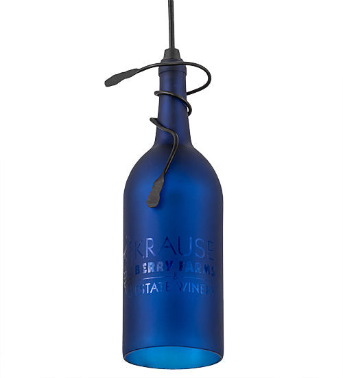 Meyda Lighting Tuscan Vineyard 4" Black Personalized Mini Pendant Light With Blue Wine Bottle Shade Glass