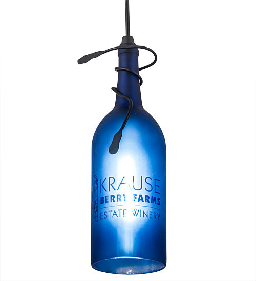 Meyda Lighting Tuscan Vineyard 4" Black Personalized Mini Pendant Light With Blue Wine Bottle Shade Glass