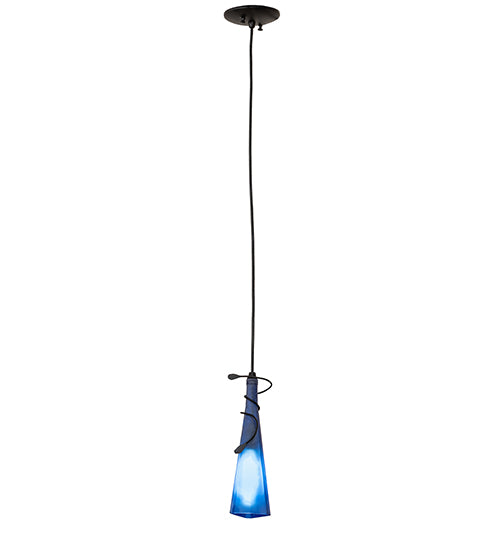 Meyda Lighting Tuscan Vineyard 4" Black Triangular Mini Pendant Light With Blue Wine Bottle Shade Glass