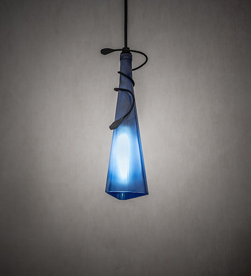 Meyda Lighting Tuscan Vineyard 4" Black Triangular Mini Pendant Light With Blue Wine Bottle Shade Glass