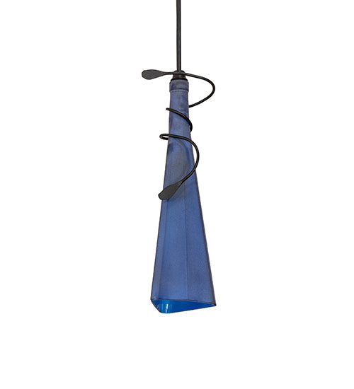 Meyda Lighting Tuscan Vineyard 4" Black Triangular Mini Pendant Light With Blue Wine Bottle Shade Glass