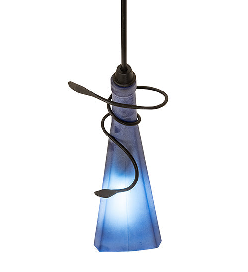 Meyda Lighting Tuscan Vineyard 4" Black Triangular Mini Pendant Light With Blue Wine Bottle Shade Glass