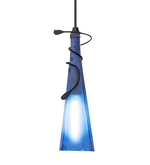 Meyda Lighting Tuscan Vineyard 4" Black Triangular Mini Pendant Light With Blue Wine Bottle Shade Glass