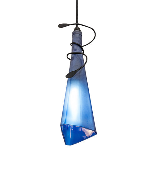 Meyda Lighting Tuscan Vineyard 4" Black Triangular Mini Pendant Light With Blue Wine Bottle Shade Glass