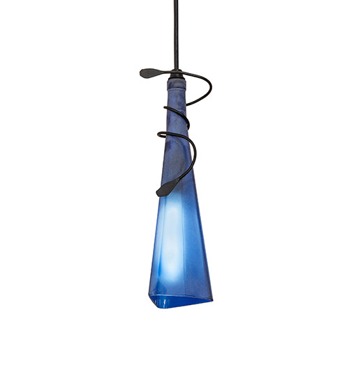 Meyda Lighting Tuscan Vineyard 4" Black Triangular Mini Pendant Light With Blue Wine Bottle Shade Glass