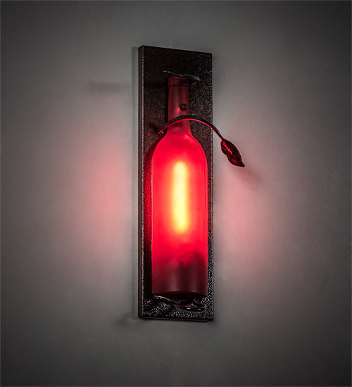 Meyda Lighting Tuscan Vineyard 4" Textured Black & Copper Vein Wall Sconce With Red Sandblasted Wine Bottle Shade Glass