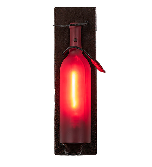 Meyda Lighting Tuscan Vineyard 4" Textured Black & Copper Vein Wall Sconce With Red Sandblasted Wine Bottle Shade Glass