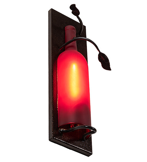 Meyda Lighting Tuscan Vineyard 4" Textured Black & Copper Vein Wall Sconce With Red Sandblasted Wine Bottle Shade Glass